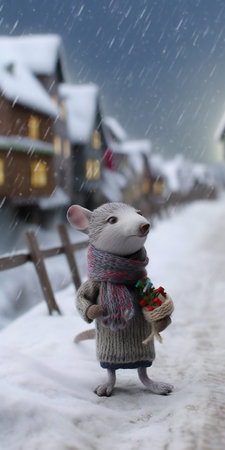 Cute rat with a scarf and Christmas tree in the village.の素材
