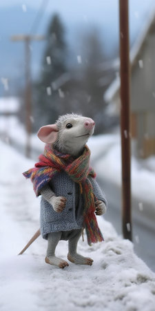 White rat in a warm sweater and scarf stands on a snowy road.の素材