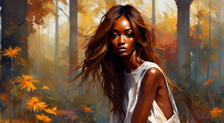Portrait of a beautiful African American woman in an autumn forest.の素材