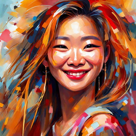 Digital painting portrait of a beautiful young woman smiling at the camera.の素材