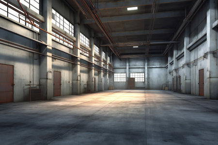 Abandoned industrial building interior with empty space.の素材