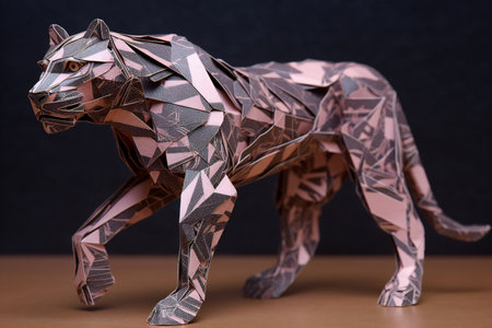 Silhouette of a tiger made of polygonal paper.の素材