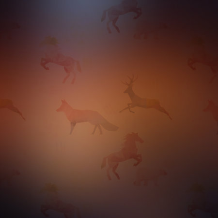 Silhouette of wild animals on a foggy orange background.の素材