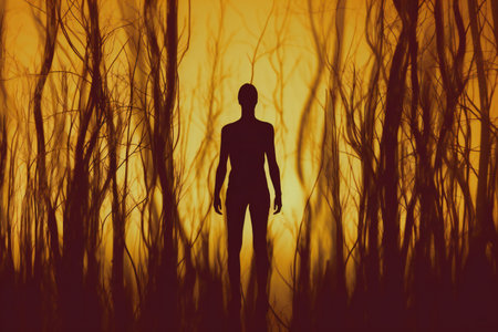 Silhouette of a man standing in the forest at sunset.の素材