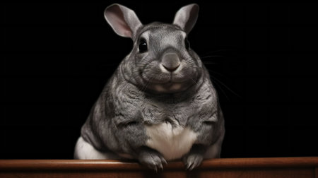 Chinchilla sitting on a wooden shelf isolated on a black backgroundの素材