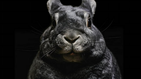Portrait of a gray rabbit on a black background. Close-up.の素材