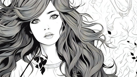 Beautiful girl with long hair. hand drawn illustration in sketch style.の素材