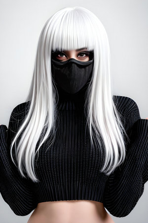 Portrait of a beautiful girl in a black costume with white hairの素材