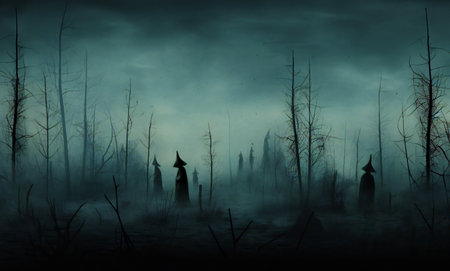 Witch in the misty forest at night. Halloween background.の素材