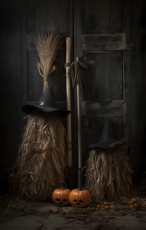 Halloween pumpkins and witch's hats on dark wooden background.の素材