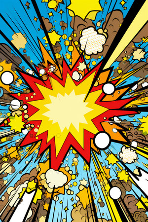 Abstract comic book background with colorful speech bubbles and rays.の素材