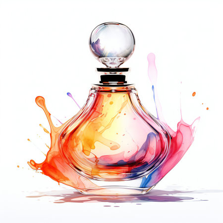 Perfume bottle with colorful liquid splash isolated on white background.の素材