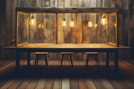Wooden table with light bulbs in cafe interior. Vintage style.の素材