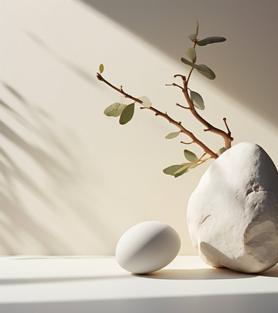 Eucalyptus branches and white egg on a white backgroundの素材