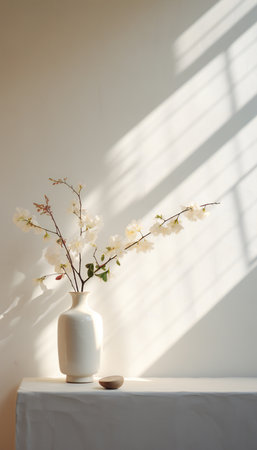 White flowers in vase on table with sunlight and shadow from windowの素材