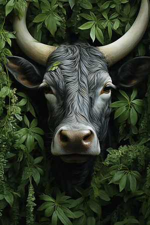 Portrait of a black cow surrounded by green leaves. Animal portrait.の素材