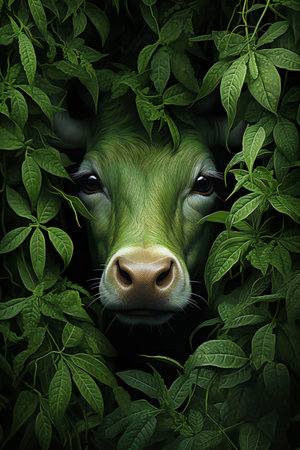 Portrait of a cow in the green leaves.の素材