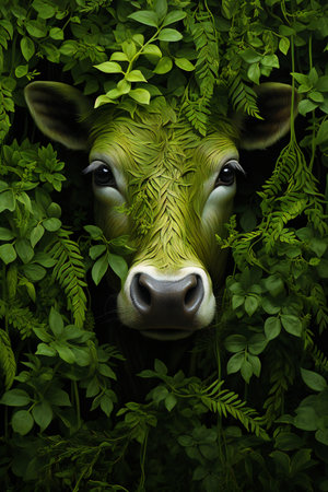 Cow in the jungle with green leaves. Digital painting.の素材
