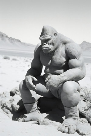 Sculpture of a man in the desert. Black and white.の素材