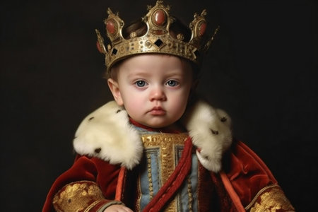 Portrait of a baby in a crown on a dark background.の素材