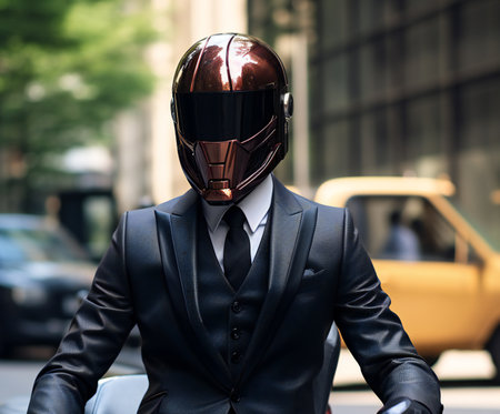 Businessman in a suit with helmet on his head on the streetの素材