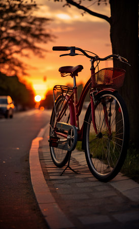 Bicycle on the road in the evening at sunset. Beautiful landscape.の素材