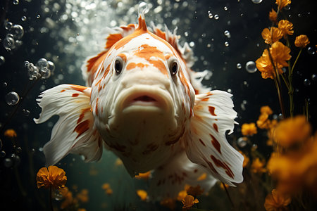 Beautiful goldfish swimming in the aquarium. Underwater photography.の素材