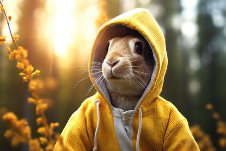 Rabbit in a yellow hood on a background of autumn forest.の素材