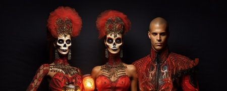 Group of mannequins in carnival costumes with skull makeupの素材
