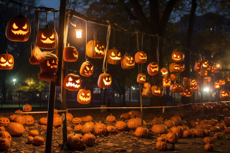Halloween pumpkin lanterns at night in the park. Selective focus.の素材