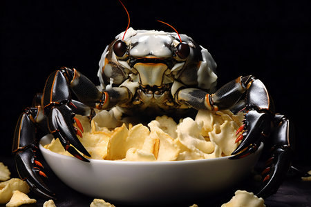 Crab in a bowl on a black background, close-upの素材