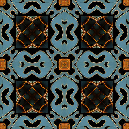 Seamless abstract pattern, symmetrical, intricate and colorful in black and blue