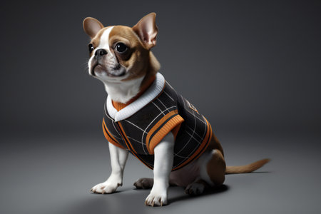 Chihuahua dog in a warm sweater on a gray backgroundの素材