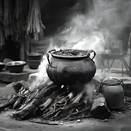 Cooking pot on the fire in the village. Black and whiteの素材