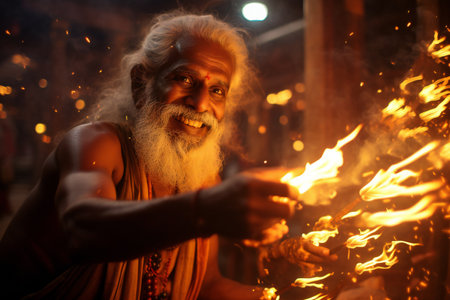 Sadhu with fire in Kathmandu, Nepal.の素材