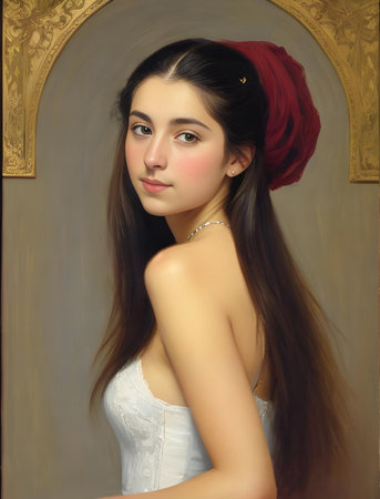 Portrait of a beautiful girl in a white dress and a red beretの素材