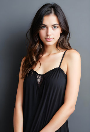 Portrait of a beautiful young woman in black lingerie. Studio shot.の素材