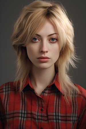Portrait of a beautiful young blonde woman in a red plaid shirtの素材