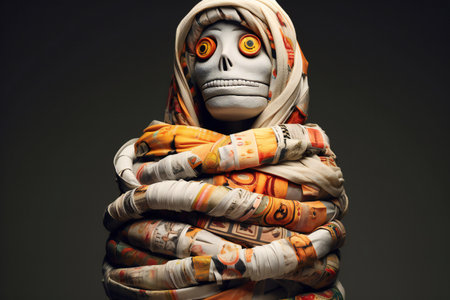 Creepy plasticine zombie in halloween costume on dark backgroundの素材