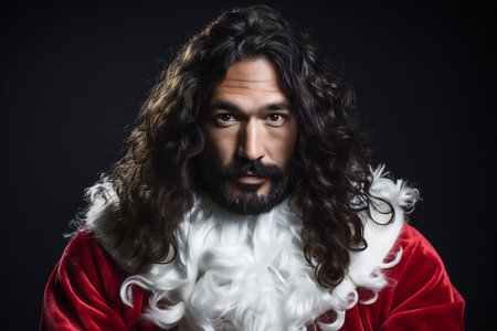 Portrait of Santa Claus with long curly hair on black background.の素材