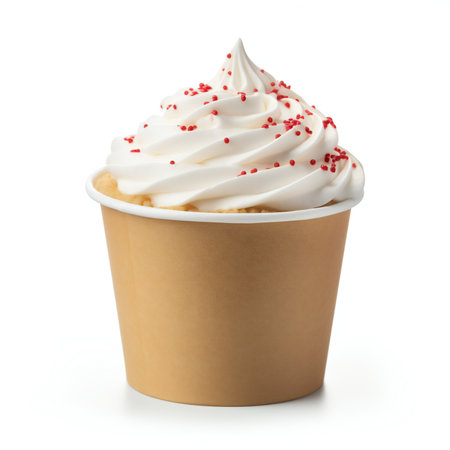 Cup of tasty ice cream with red sprinkles on white backgroundの素材