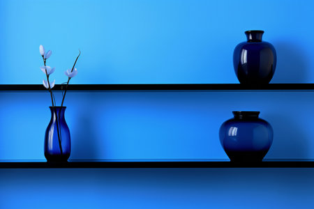 Blue vases and vase on a blue shelf.の素材