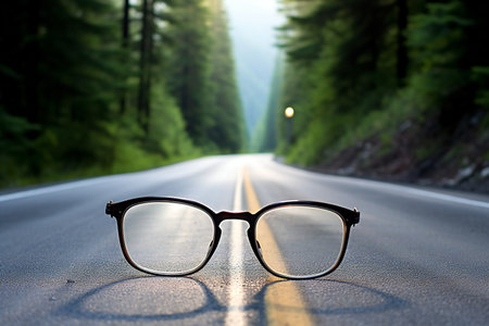 Glasses on the asphalt road in the mountains. Travel concept.の素材