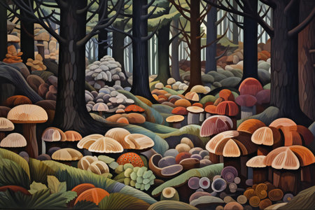 Forest landscape with mushrooms and trees in the forest - illustration for childrenの素材