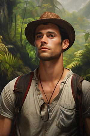 Portrait of a handsome young man in the jungle. Travel concept.の素材