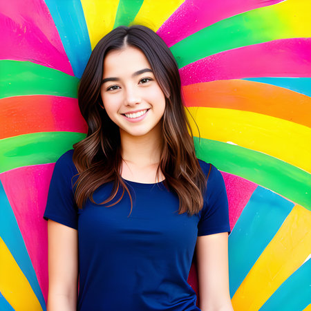 Portrait of a happy young asian woman with colorful rainbow backgroundの素材