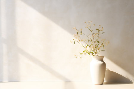 Vase with flowers on table near light wall. Mockup for designの素材