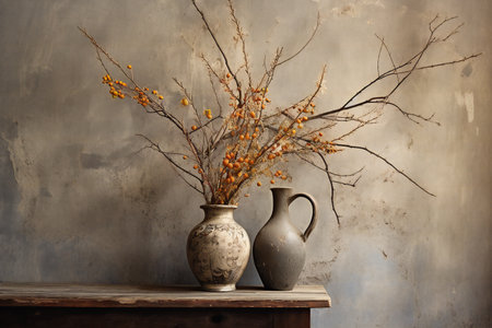 Vintage vases with autumn branches on wooden table against grunge wallの素材