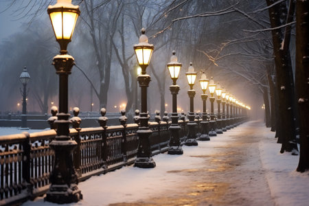 Winter alley in the park with lanterns and falling snow, Moscow, Russiaの素材