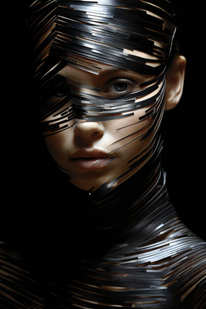 futuristic woman with metal grid on her face.の素材